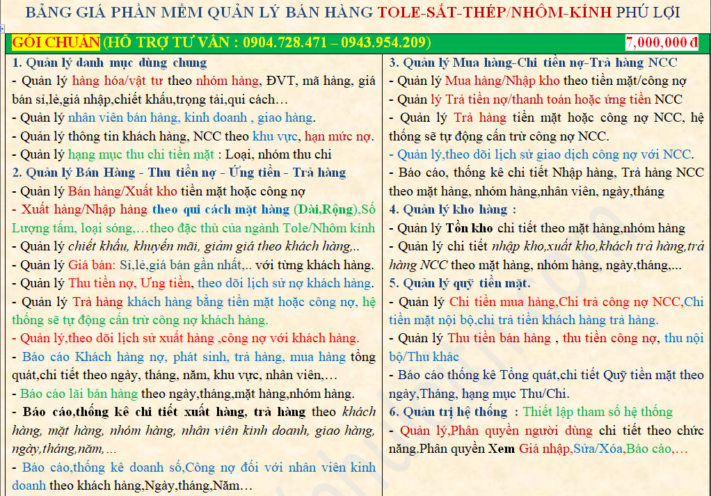 Bảng giá phần mềm quản lý bán hàng tole sắt thép vật tư xây dựng