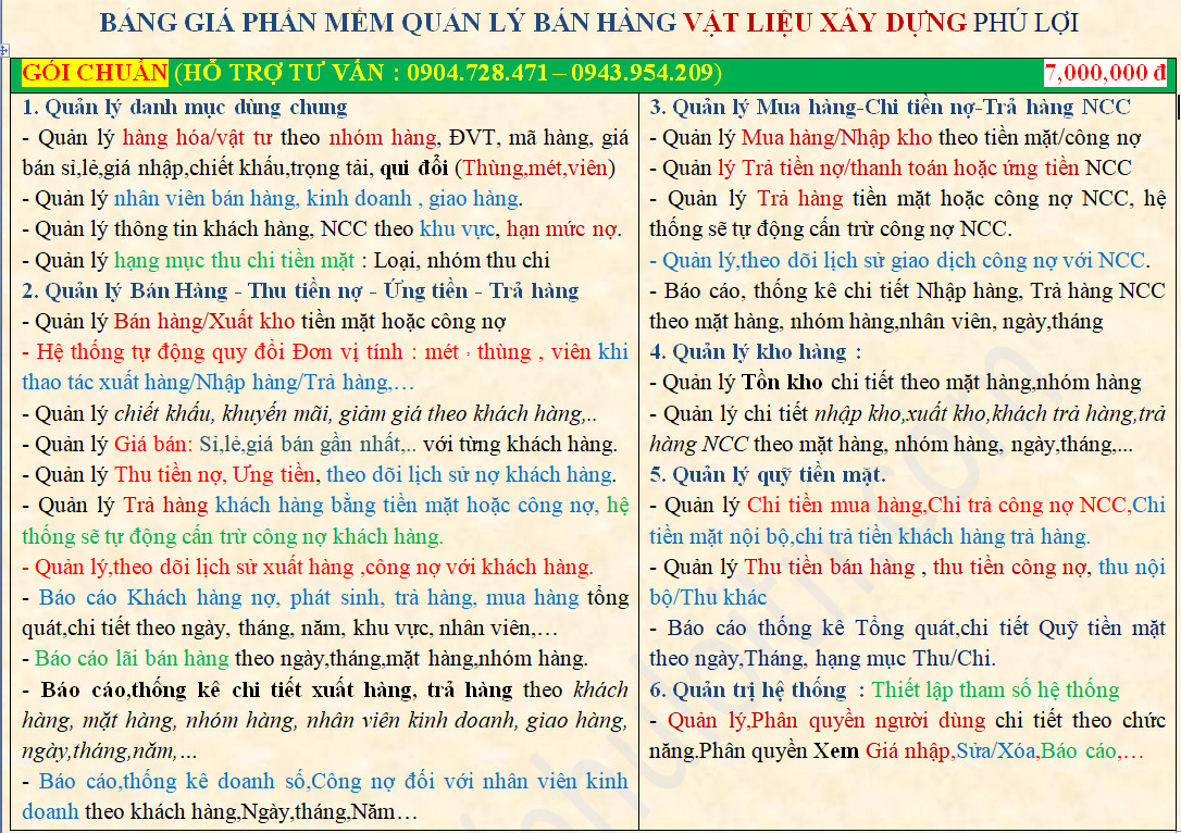 Bảng giá phần mềm bán hàng vật liệu xây dựng Phú Lợi