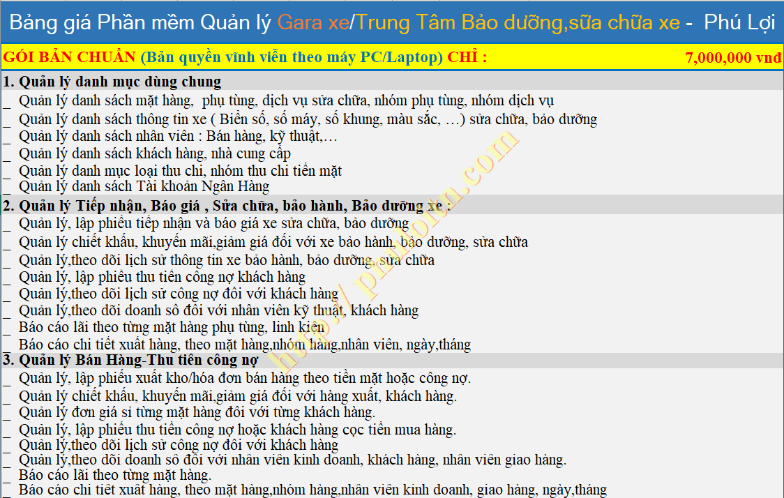 Bảng giá phần mềm quản lý sửa chữa gara oto xe máy