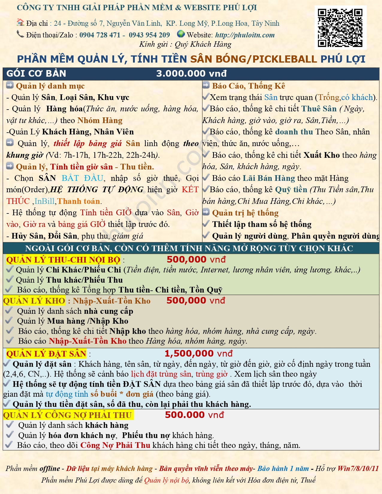 Bảng giá phần mềm sân bóng, cầu long Phú Lợi
