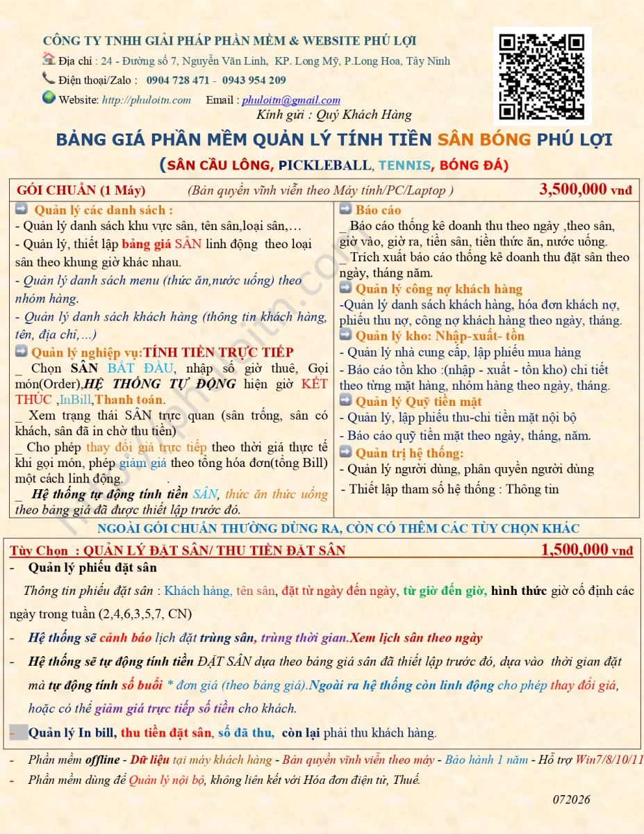 Bảng giá phần mềm sân bóng, cầu long Phú Lợi