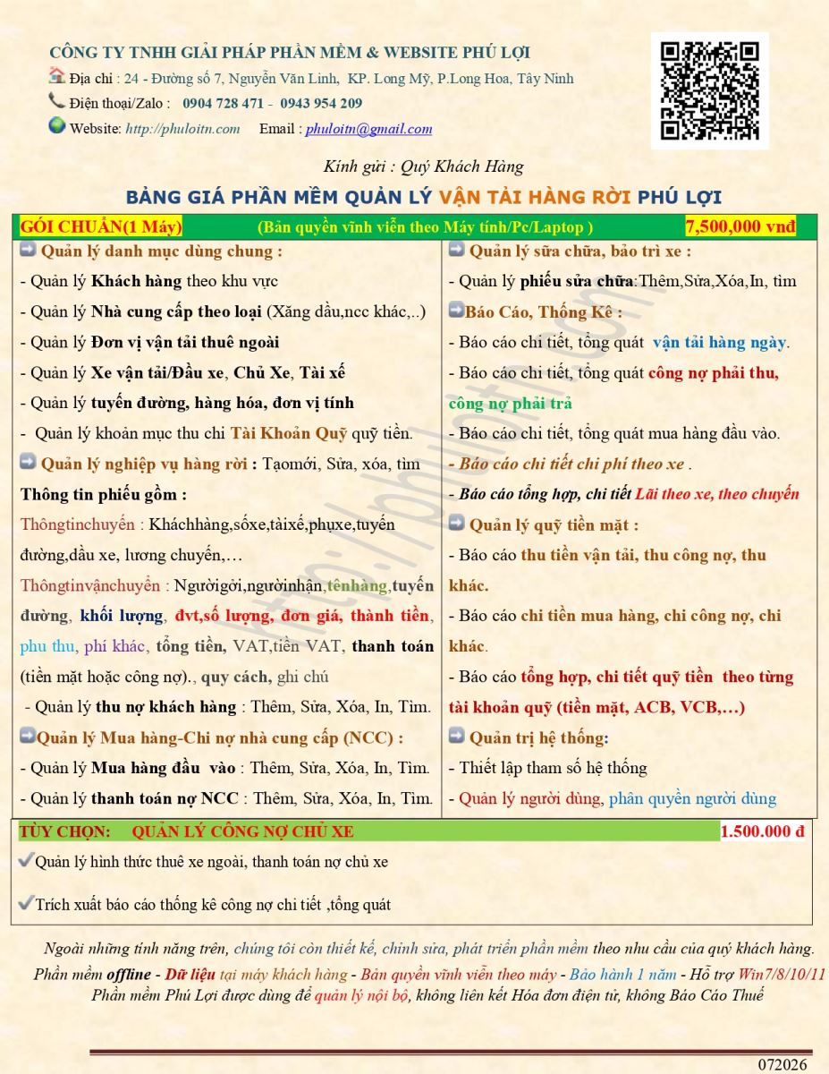 Bảng giá phần mềm quản lý vận tải hàng rời chành xe Phú Lợi