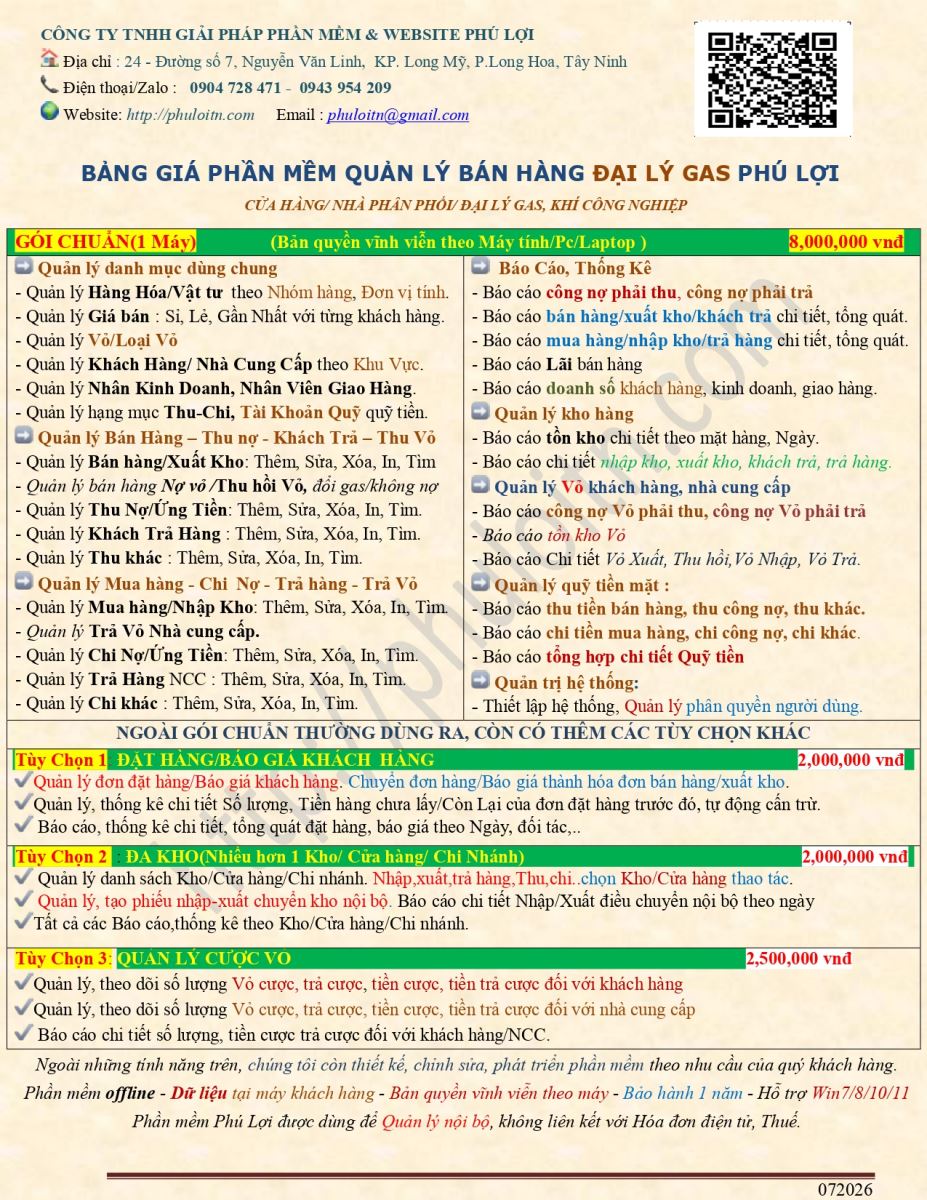 Phần mềm quản lý đại lý gas, khí Công nghiệp Phú Lợi