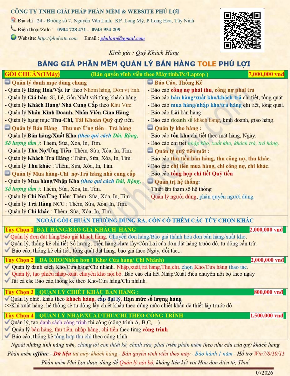 Bảng giá phần mềm tole, sắt, thép phú lợi