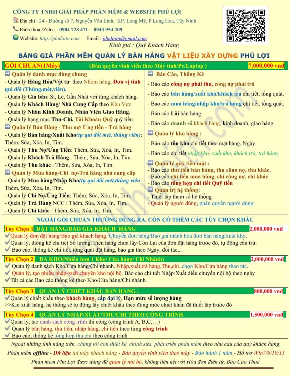 Bảng giá phần mềm bán hàng vật liệu xây dựng Phú Lợi