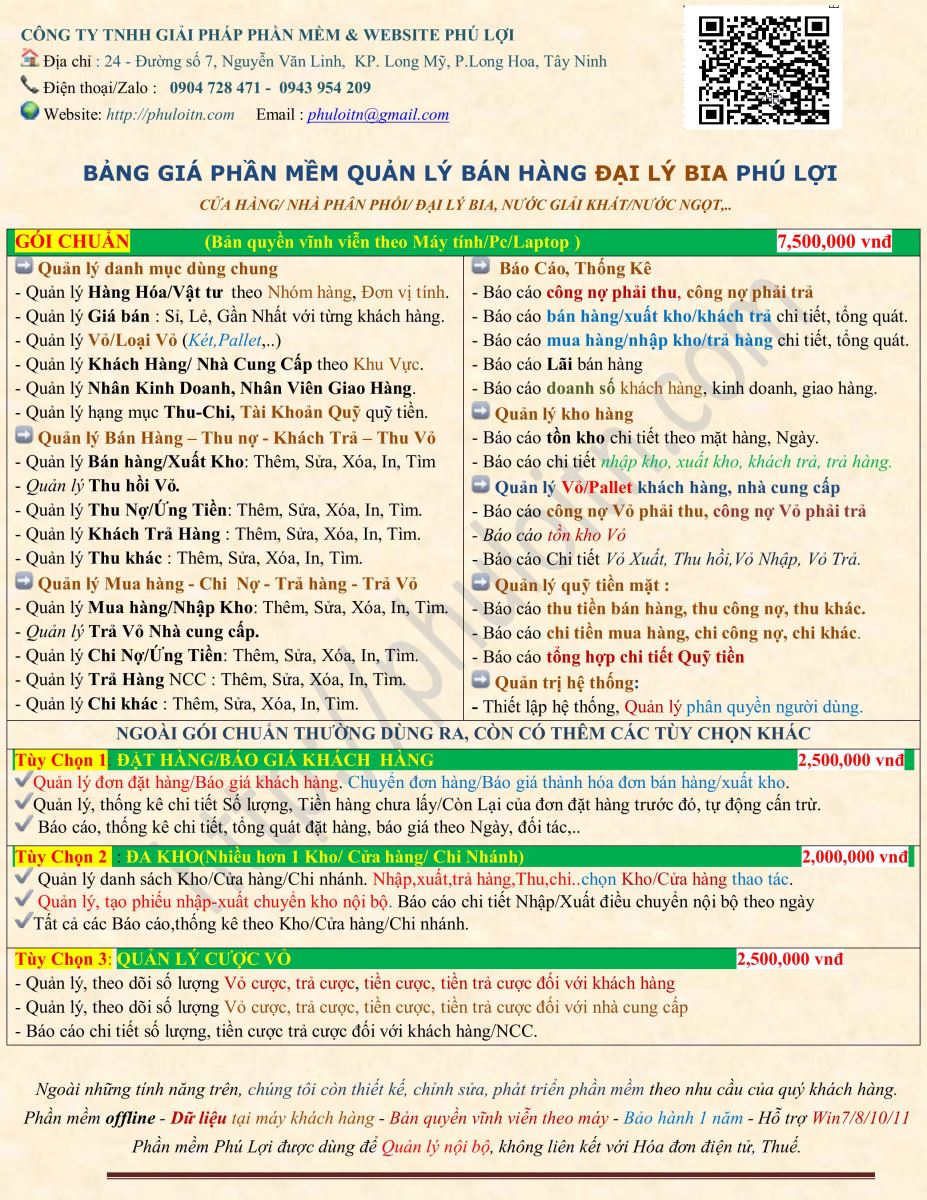 Bảng giá phần mềm quản lý bán hàng đại lý bia Phú Lợi