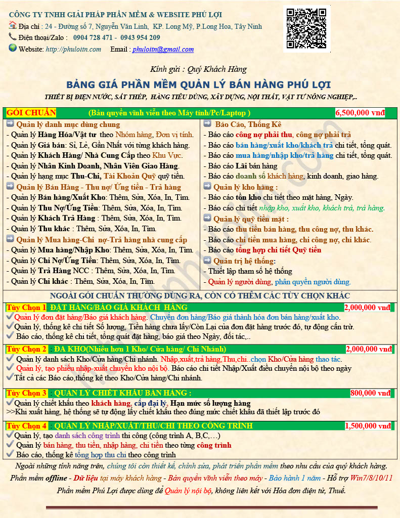 Bảng gia phần mềm quản lý bán hàng Phú Lợi
