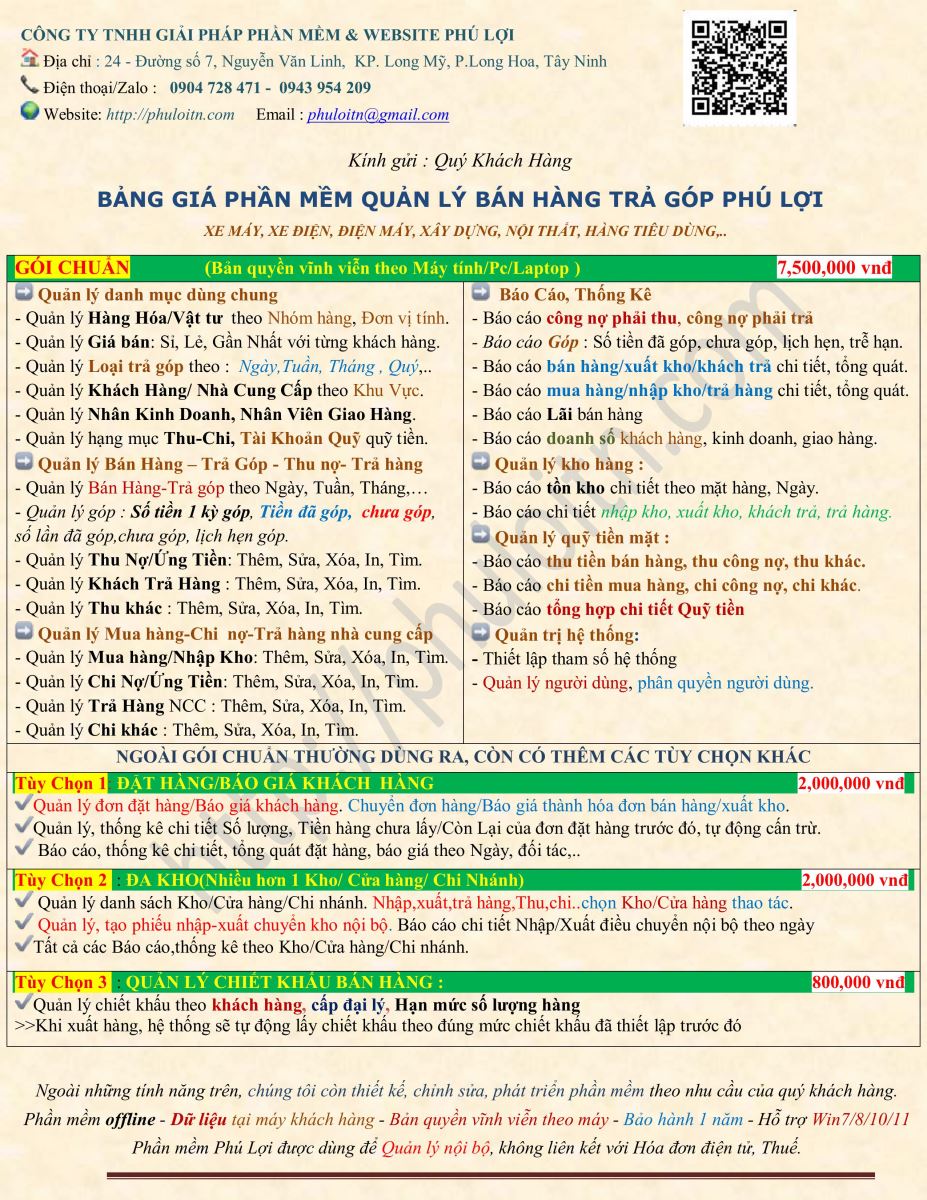 Bảng giá phần mềm quản lý bán hang trả góp Phú Lợi