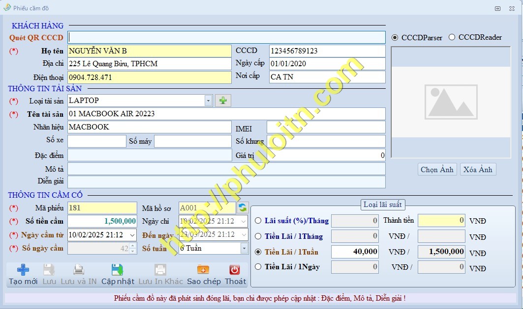 Phiếu cầm đồ phần mềm cầm đồ, cầm vàng Phú lợi
