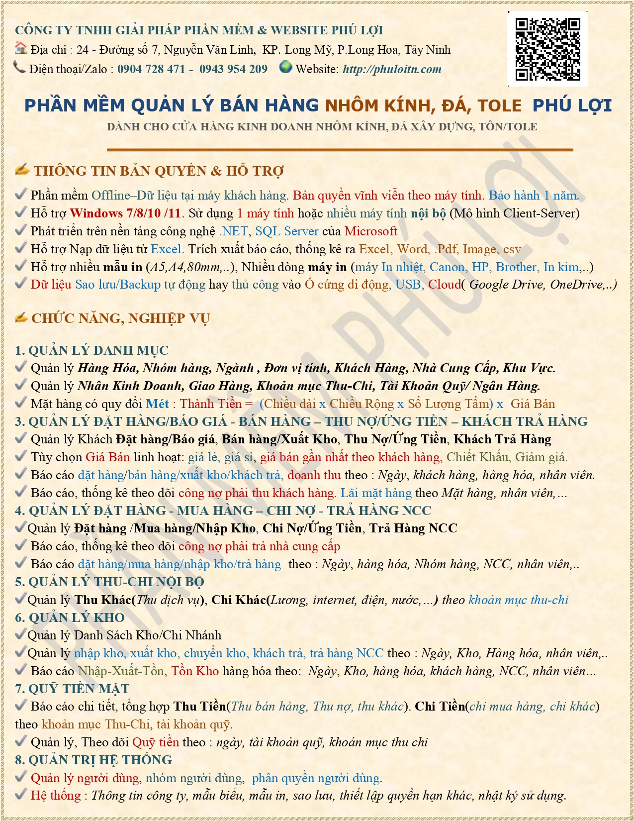 Phần mềm quản lý bán hàng Nhôm, kính, tole, đá xây dựng Phú Lợi