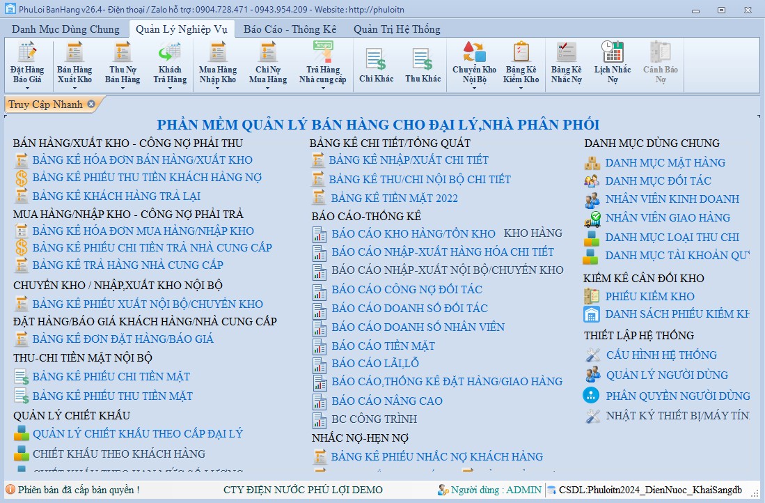 Màn hình chính phần mềm bán hàng nhà phân phối, đại lý phú lợi