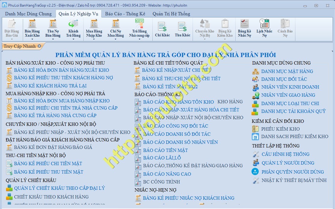Màn hình chính phần mềm bán hàng trả góp Phú Lợi