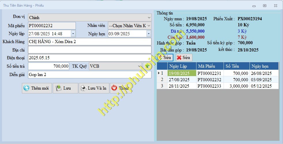 Thu trả góp phần mềm Bán Hàng Trả Góp Điện Máy, Nội Thất Phú Lợi