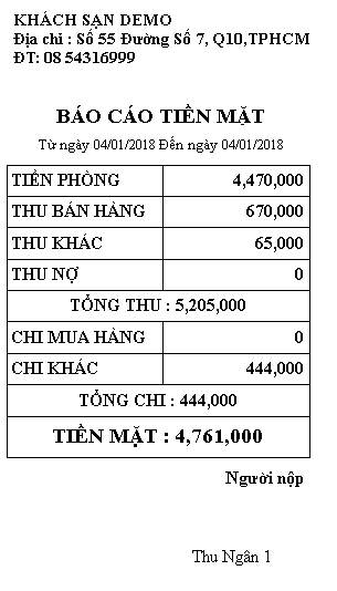 Báo cáo quỹ tiền mặt cuối ngày Phần Mềm Quản lý Tính tiền Nhà nghỉ, Khách sạn Phú Lợi