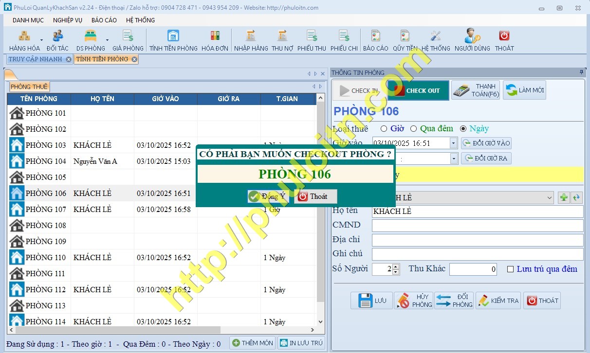 Quản lý tình tiền phòng Phần Mềm Quản lý Tính tiền Nhà nghỉ, Khách sạn Phú Lợi