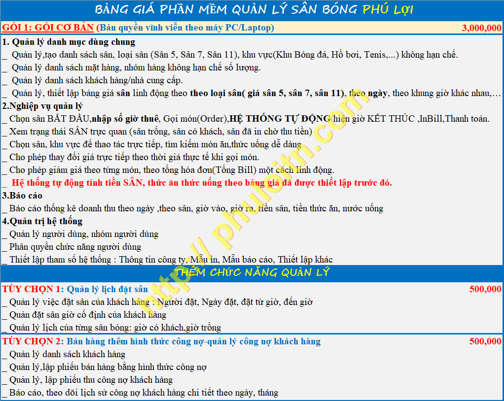 Bảng giá phần mềm quản lý quán tính tiền sân bóng mini,sân cỏ nhân tạo phú lợi