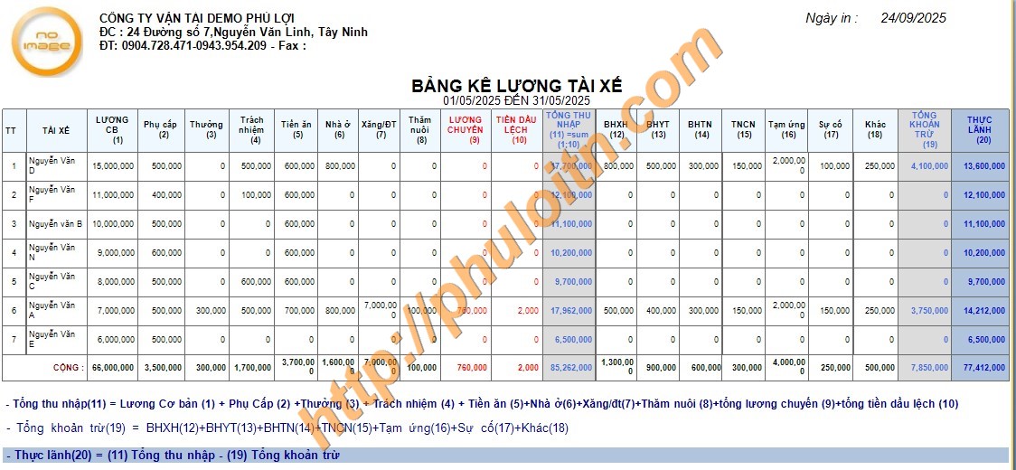Báo cáo lương phần mềm quản lý vận tải phú lợi