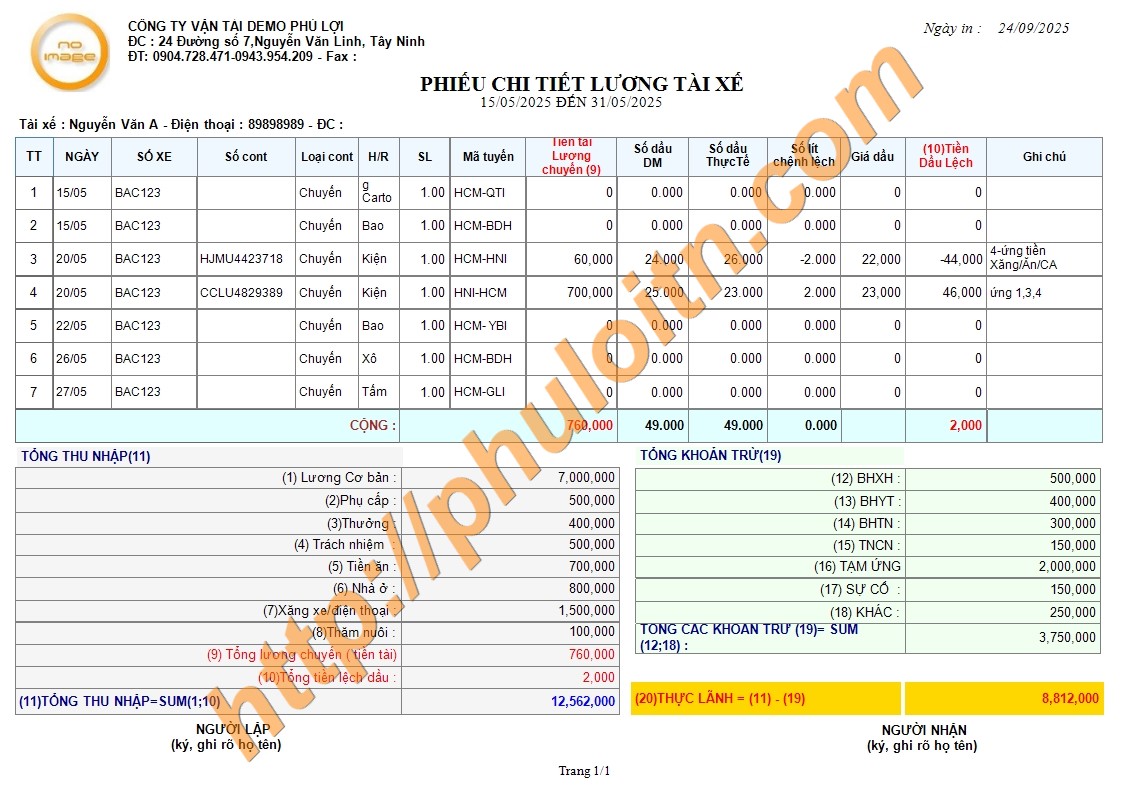 Lương chi tiết theo tài xế, phần mềm quản lý vận tải Phú Lợi