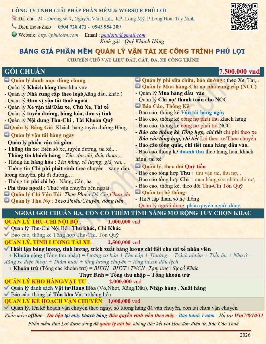Bảng giá Phần mềm vận tải xe chở vật liệu đất, cát, đá, xe công trình Phú Lợi