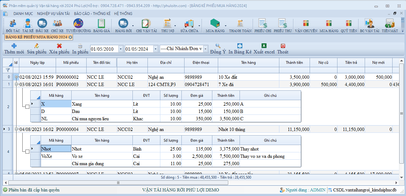 Bảng kê mua hàng nhà cung cấp phần mềm quản lý vận tải hàng rời Phú Lợi