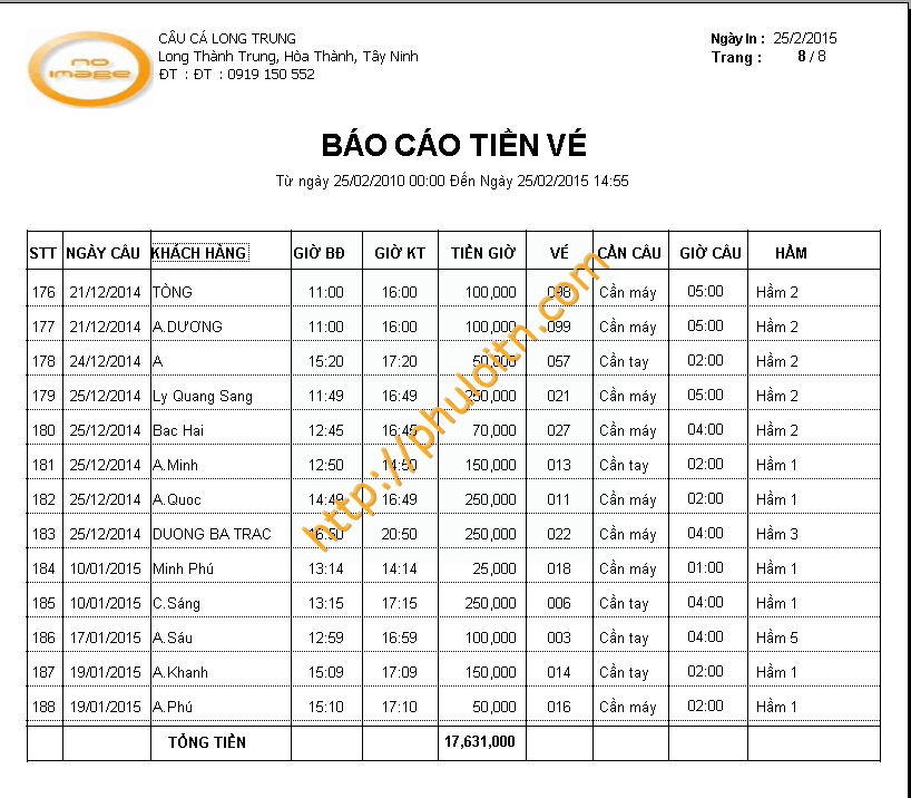 MH Báo cáo bán vé phần mềm quản lý hồ câu cá