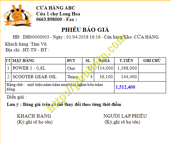Mẫu In Báo giá phần mềm bán hàng nhà phân phối, đại lý phú lợi