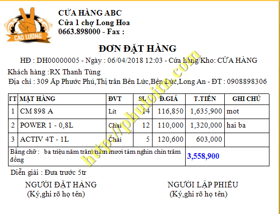 Mẫu in đặt hàng phần mềm bán hàng nhà phân phối, đại lý phú lợi