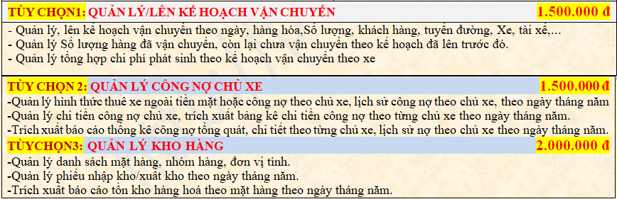 Bảng giá phần mềm quản lý vận tải Phú Lợi